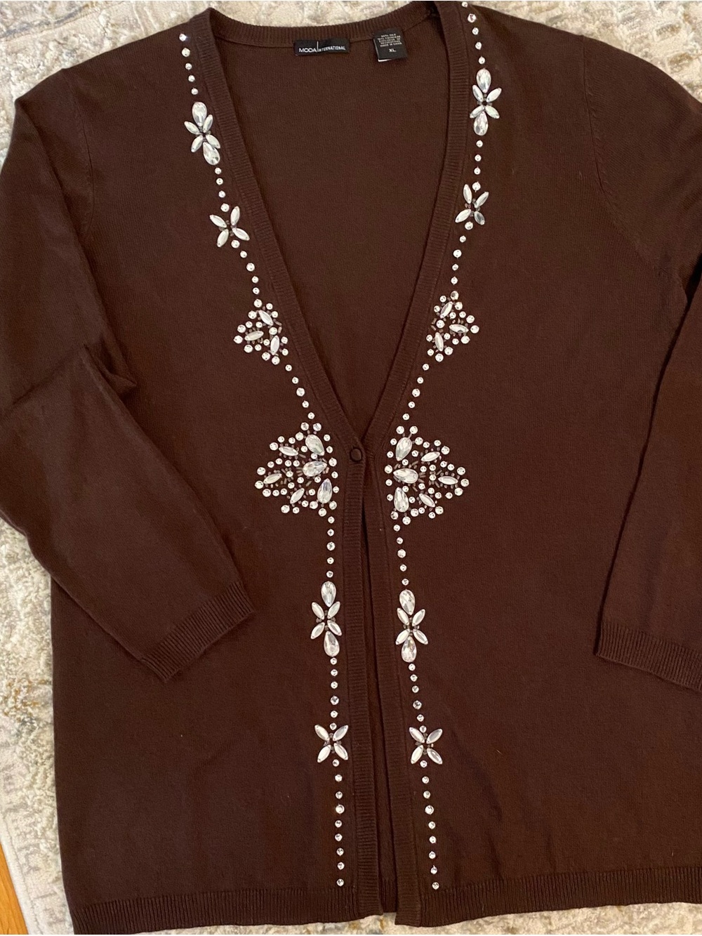 Moda International Cashmere and Silk Brown Cardigan Sweater with Crystal Accents
